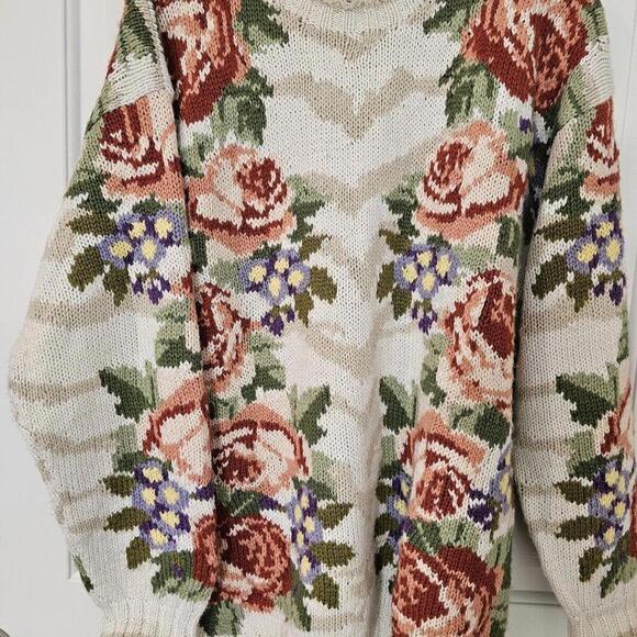 Vintage Cream Floral Chunky Hand Knit All Over Pattern Sweater Cottage Core M - Picture 2 of 6